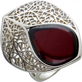 Bernstein Damenring Silber 925 Cherry Bernstein Blattdesign