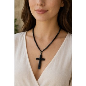 Obsidian Kette Kreuz Anhänger Jesus schwarze Edelsteine Edelsteinschmuck Damenschmuck