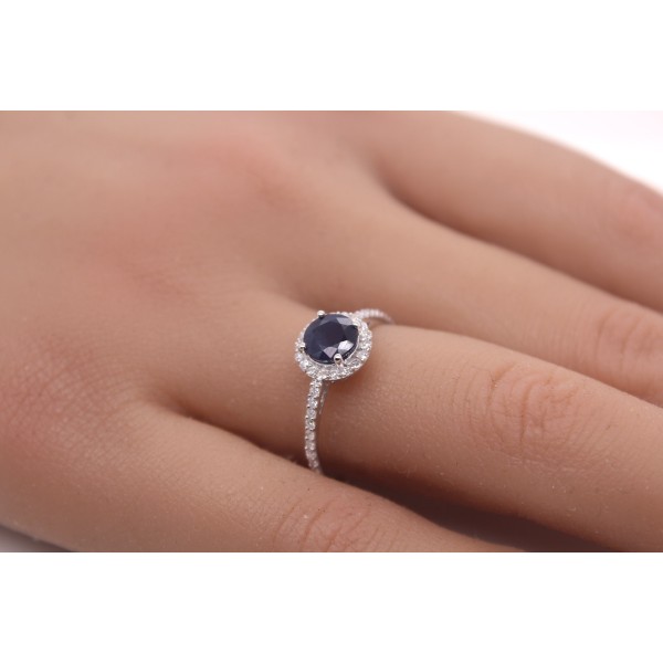 - 1 Ch. 8/8 W/SI Edelstein 585 36 Weißgold Abramowicz 0,21ct Diamanten Ring Saphir